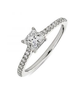 Platinum princess cut single stone engagement ring with diamond shoulders. 0.54cts