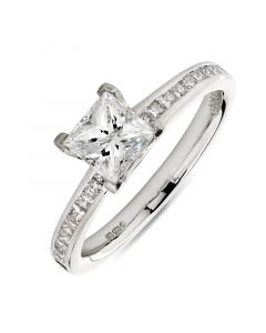 Platinum princess cut single stone engagement ring with diamond shoulders. 0.71cts