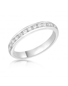 18ct white gold 3.4mm brilliant round cut channel set diamond half hoop eternity ring. 0.52cts