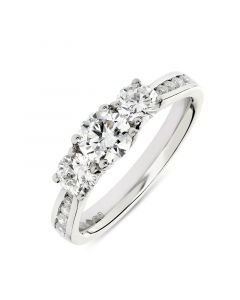 Platinum brilliant round cut diamond three stone engagement ring with diamond shoulders. 0.64cts