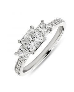 Platinum princess cut three stone engagement ring with diamond shoulders. 0.74cts