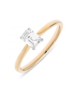 18ct yellow gold single stone emerald cut diamond engagement ring. 0.65cts