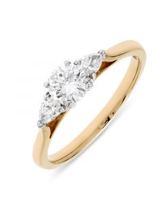 18ct yellow gold brilliant round cut diamond engagement ring with pear side stones. 0.50cts