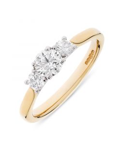 18ct yellow gold 3 stone brilliant round cut diamond engagement ring. 0.46cts