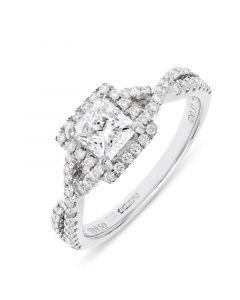 Platinum princess cut diamond halo engagement ring. 0.60cts
