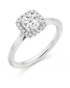 Platinum cushion cut diamond halo engagement ring. 0.92cts
