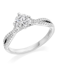 Platinum single stone twist engagement ring with diamond shoulders. 0.70cts
