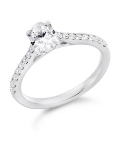 Platinum oval cut diamond engagement ring with diamond shoulders. 0.70cts