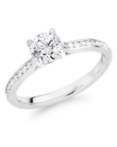 Platinum single stone diamond engagement ring with diamond shoulders. 0.70cts