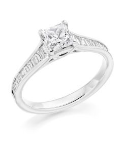 Platinum princess cut diamond single stone engagement ring with diamond shoulders. 0.70cts