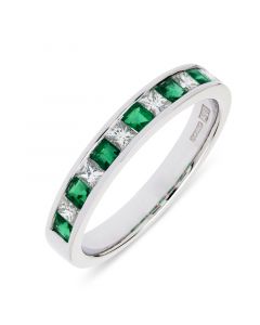 18ct white gold emerald and diamond princess cut diamond eternity ring. 