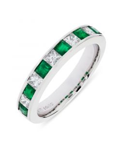 Platinum emerald and diamond princess cut diamond eternity ring. 