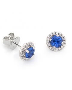 18ct white gold sapphire and diamond halo stud earrings. Sapphire 1.15cts, Diamonds 0.16cts