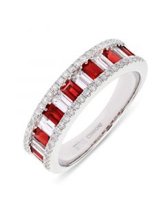 18ct white gold 5.25mm baguette cut ruby and diamond half hoop eternity ring.
