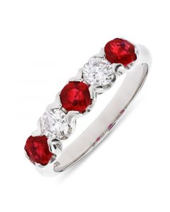 Platinum 5 stone brilliant round cut ruby and diamond eternity ring.