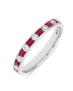 18ct white gold 2.8mm brilliant round cut ruby and diamond half hoop eternity ring