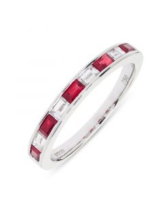 18ct white gold baguette cut ruby and diamond half hoop eternity ring.