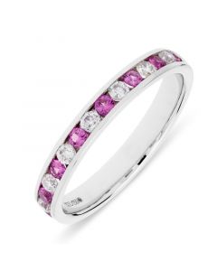 18ct white gold brilliant round cut pink sapphire and diamond half hoop eternity ring.