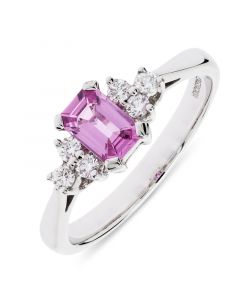 18ct white gold emerald cut pink sapphire and diamond engagement ring